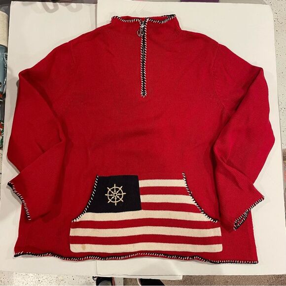 Cute Y2K oversized cozy sweater ‘Merica Red 1/4 zip chunky nautical pocket - Picture 7 of 8